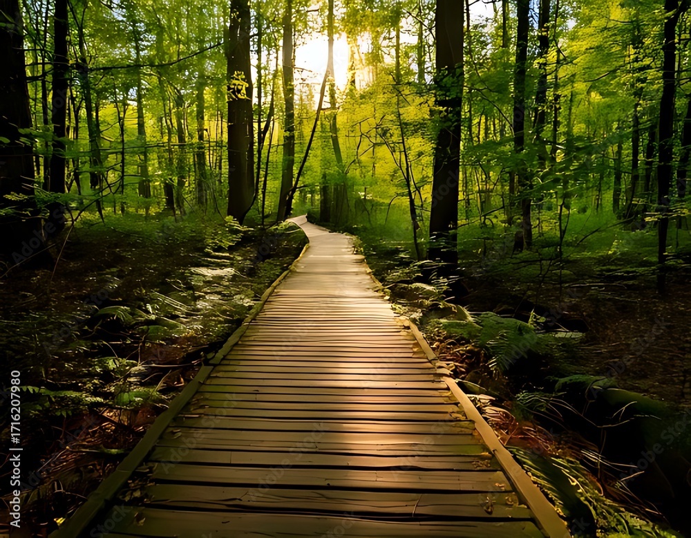 Obraz premium Sunlight path through a lush forest (1)