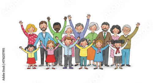 Large Diverse Family Group Illustration Celebrating Together with Raised Arms and Happy Expressions