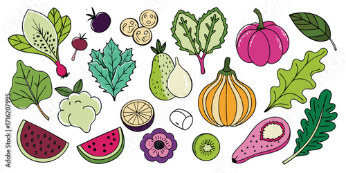 Vibrant hand-drawn assortment of fresh fruits and vegetables scattered artfully