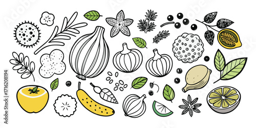 Assorted fruits and vegetables hand-drawn sketch collection for healthy eating and recipes