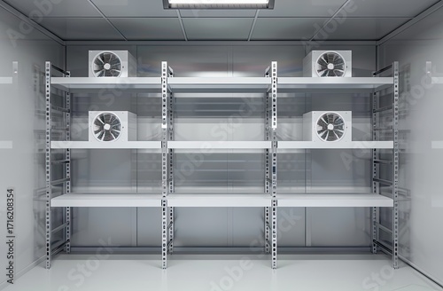 A sterile, metallic walk-in refrigerator with multiple shelves and cooling units