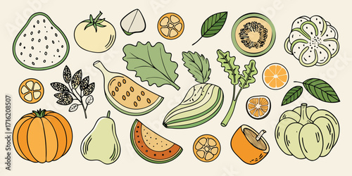 Collection of fresh fruits and vegetables artistically hand drawn and colored for healthy eating inspiration