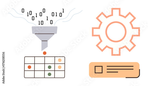 Binary code filtering through a funnel, transferring data into a table, accompanied by a gear and a dashboard. Ideal for data analysis, processing, automation, engineering, workflows, AI innovation