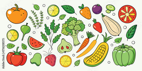 Vibrant assortment of fresh fruits and vegetables illustrated in a delightful array