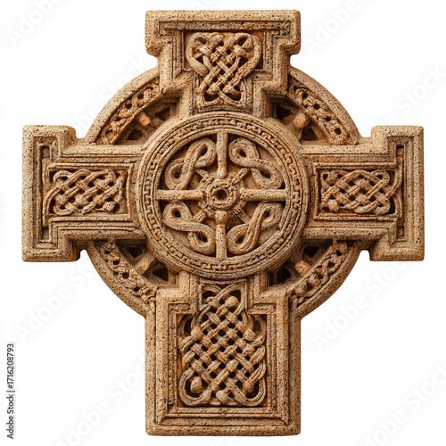 Celtic Cross: A detailed close-up of a meticulously carved Celtic cross, showcasing intricate knotwork and circular patterns, embodies the rich heritage and spiritual significance of Celtic artistry.