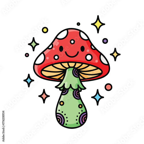 A cute mushroom cartoon character with stars isolated on white background