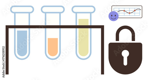 Three test tubes with colorful liquids on a rack, a line graph with a smiling emotion, and a padlock. Ideal for science, research, data security, analytics, laboratory safety, innovation and privacy