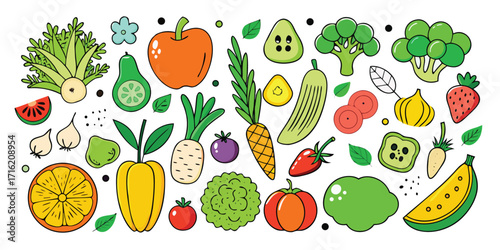 Vibrant assortment of fresh fruits and vegetables hand-drawn style collection