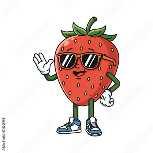 Strawberry cartoon character playing cricket isolated on white background