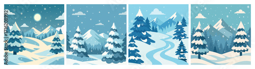 A vector set of winter landscapes. Beautiful views of snow-covered forests and mountains. Suitable for advertising, Christmas and New Year cards, seasonal promotions, banners, and greetings