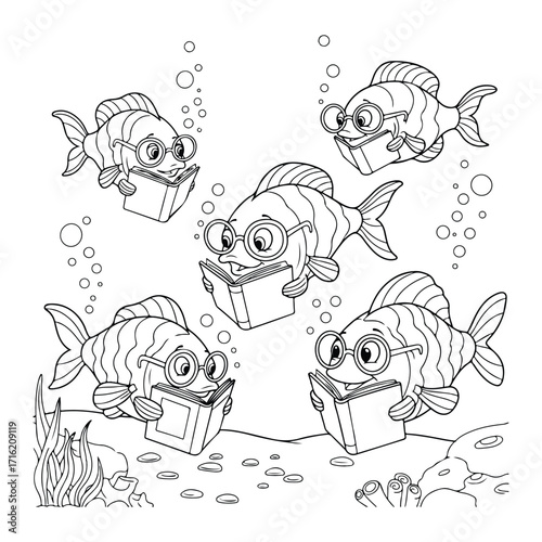 Five fish reading book underwater isolated on white background