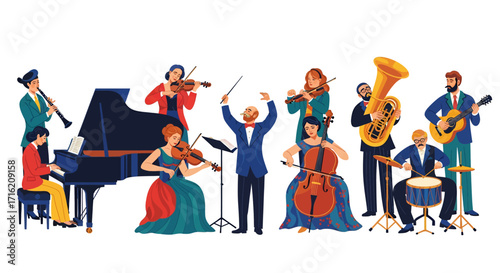 Orchestra Musicians Playing Instruments Concert Performance Musical Ensemble Symphony Band Illustration