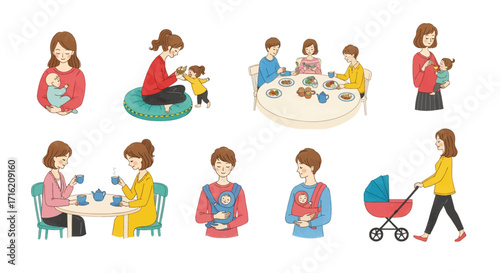 Mother and Baby Bonding Moments  Illustration of Parenting Caregiving and Family Life Activities