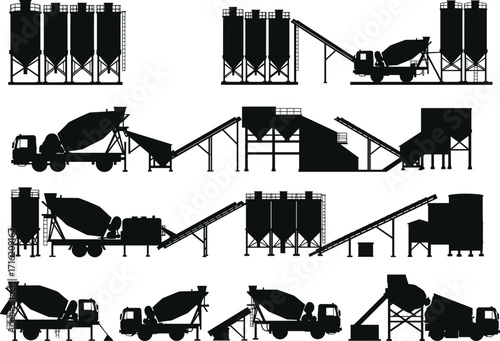 silhouette, concrete, batching, plant, cement, mixer, truck, silo, conveyor, hopper, industrial, structure, vector, black, icon, design, engineering, project, infrastructure, machinery