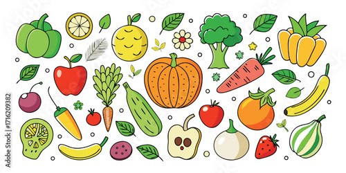 Vibrant assortment of fresh fruits and vegetables hand-drawn art