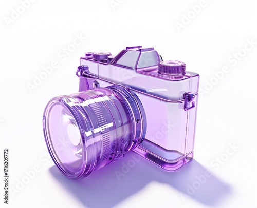 A translucent lavender DSLR camera with a large lens rests on a white background, casting a subtle shadow.  The camera's details are clearly visible through its transparent body