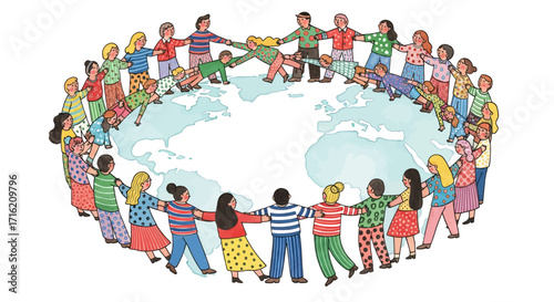 People Holding Hands Around the World Globe Illustration Unity Diversity Global Community Cooperation