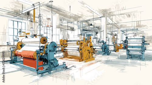 Modern Fabric Production Factory Interior with Working Machinery