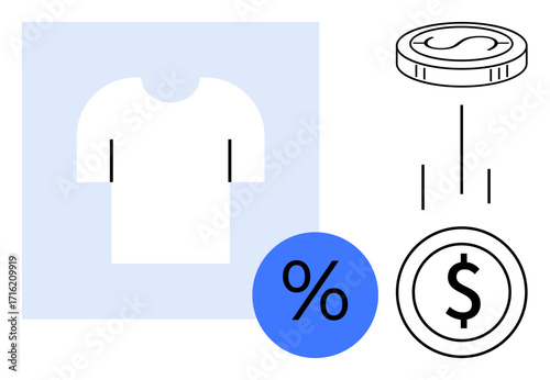 White T-shirt with percentage icon, coin, and dollar sign representing pricing, discount offers, and profit. Ideal for ecommerce, retail, sales, marketing economy business simple flat metaphor