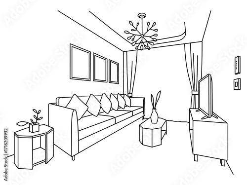 Living room interior line sketch. Outline design of home or house inside with sofa and modern furniture. Vector illustration.