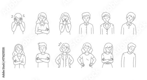 People Showing Sadness and Worry Emotions Line Art Vector Illustration Set for Design
