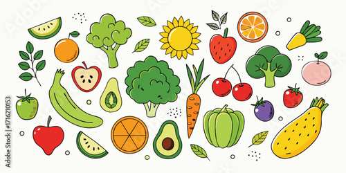 A vibrant collection of fresh fruits and colorful vegetables including apples broccoli bananas and carrots