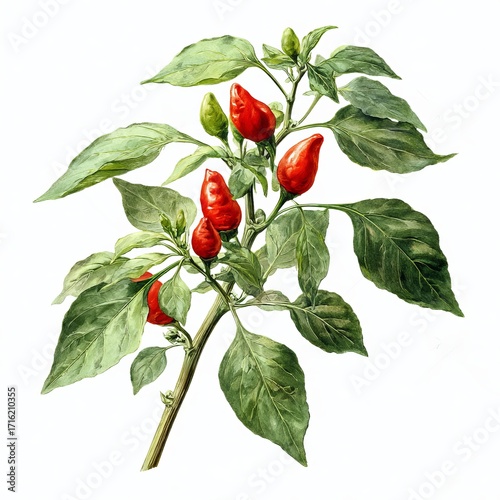 Fiery Capsicum Botanical Art: This close-up of vibrant red chili peppers on a leafy branch, rendered in a stunning botanical illustration. the image highlights the natural beauty.