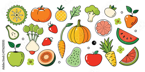 Colorful assortment of fresh fruits and vegetables hand-drawn style on