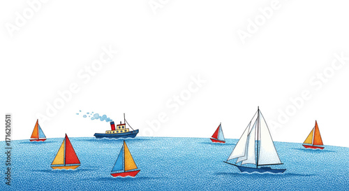 Sailboats and Tugboat on Blue Water Illustration of Summer Vacation and Maritime Travel