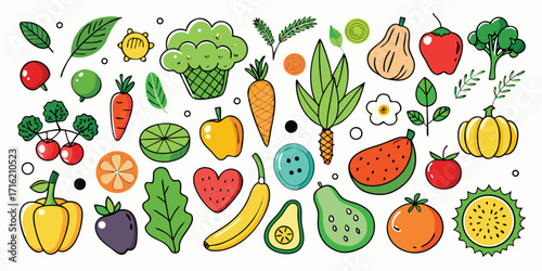 Vibrant assortment of fresh fruits and vegetables with hand-drawn artistic style