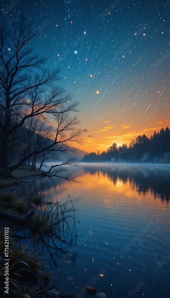 Naklejka premium a tranquil lake mirroring a vast twilight sky