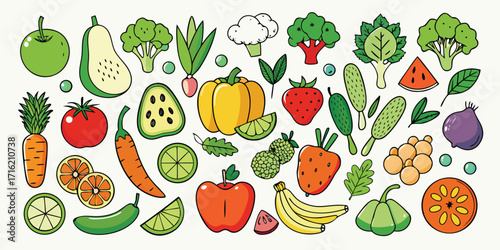 Vibrant assortment of fresh fruits and vegetables displayed together
