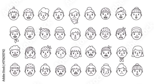 Set of Cartoon Boy Faces with Different Expressions and Hairstyles Line Art Vector Illustration