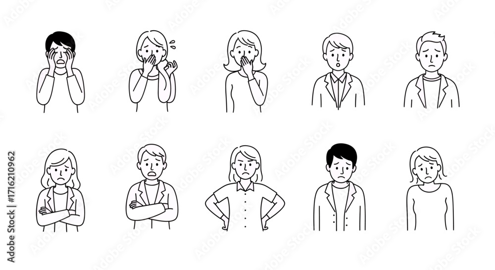 Fototapeta premium Set of Line Art Faces Expressing Various Emotions Like Sadness Worry and Disappointment
