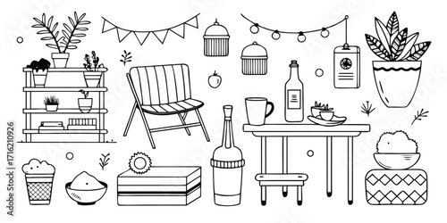Charming hand drawn collection of furniture plants and decor accents for home
