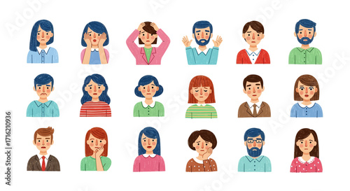 Set of Diverse People Expressing Various Emotions  Sadness Anger Surprise Worry and Happiness