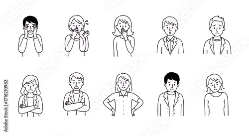 Set of Line Art Faces Expressing Various Emotions Like Sadness Worry and Disappointment