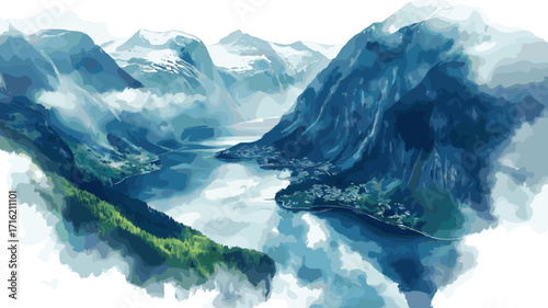 Geirangerfjord. Geirangerfjord watercolor vector illustration