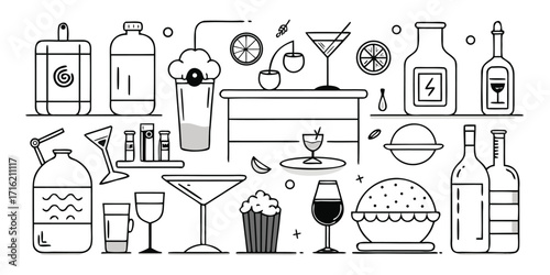 Collection of beverage bottles drinks glasses and barware hand drawn sketch style art