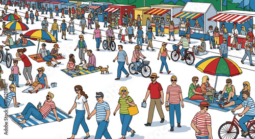 Summer Beach Scene with Crowd of People Market Stalls and Leisure Activities Illustration