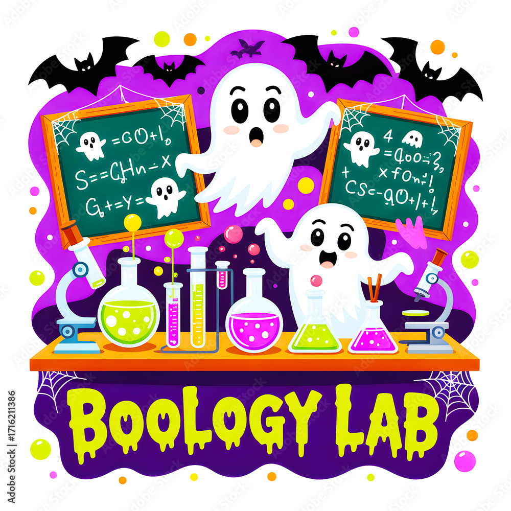 Naklejka premium Cute halloween booology lab ghosts with science equipment and chalkboards isolated on transparent background
