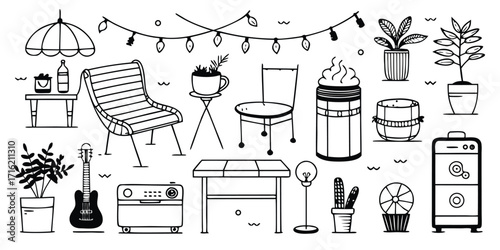 Collection of outdoor furniture and decor elements in sketchy style