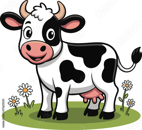 Cute cartoon cow holding a red apple in a green field