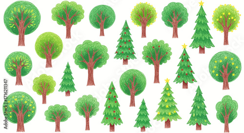 Variety of Trees Illustration Set Green Forest Icons Christmas Tree Graphics Nature Elements for Design