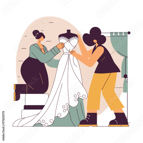 Two female tailors working on a wedding dress, isolated on white background