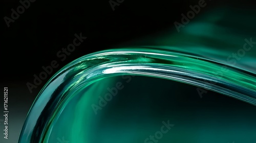 Close-up of a curved green glass surface with reflective highlights against a dark background
