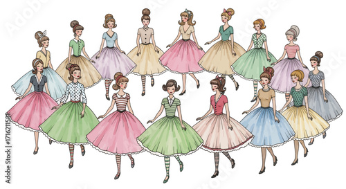 Vintage Fashion Illustration of Women in Colorful Full Skirt Dresses Retro Style