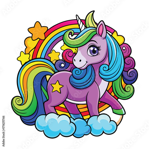 Cartoon unicorn with rainbow and stars isolated on white background is smiling