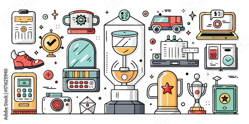 Collection of lottery and gambling themed graphics featuring machines prizes and sports elements