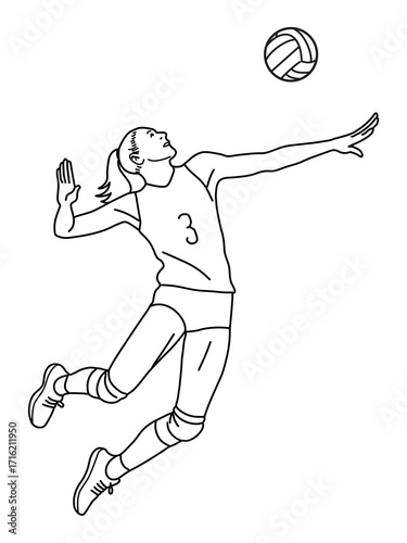 Hand-drawn line of a women volleyball players in jumping slaps ball,Volleyball player on white background.Vector illustration volleyball player abstract
